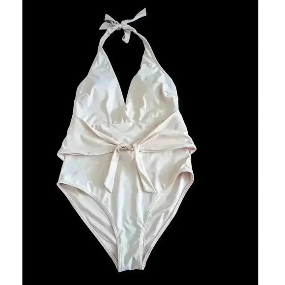 Cupshe Magnolia Plunge Pink V-neck Halter Tie Waist One Piece Swimsuit Size L - Picture 3 of 4